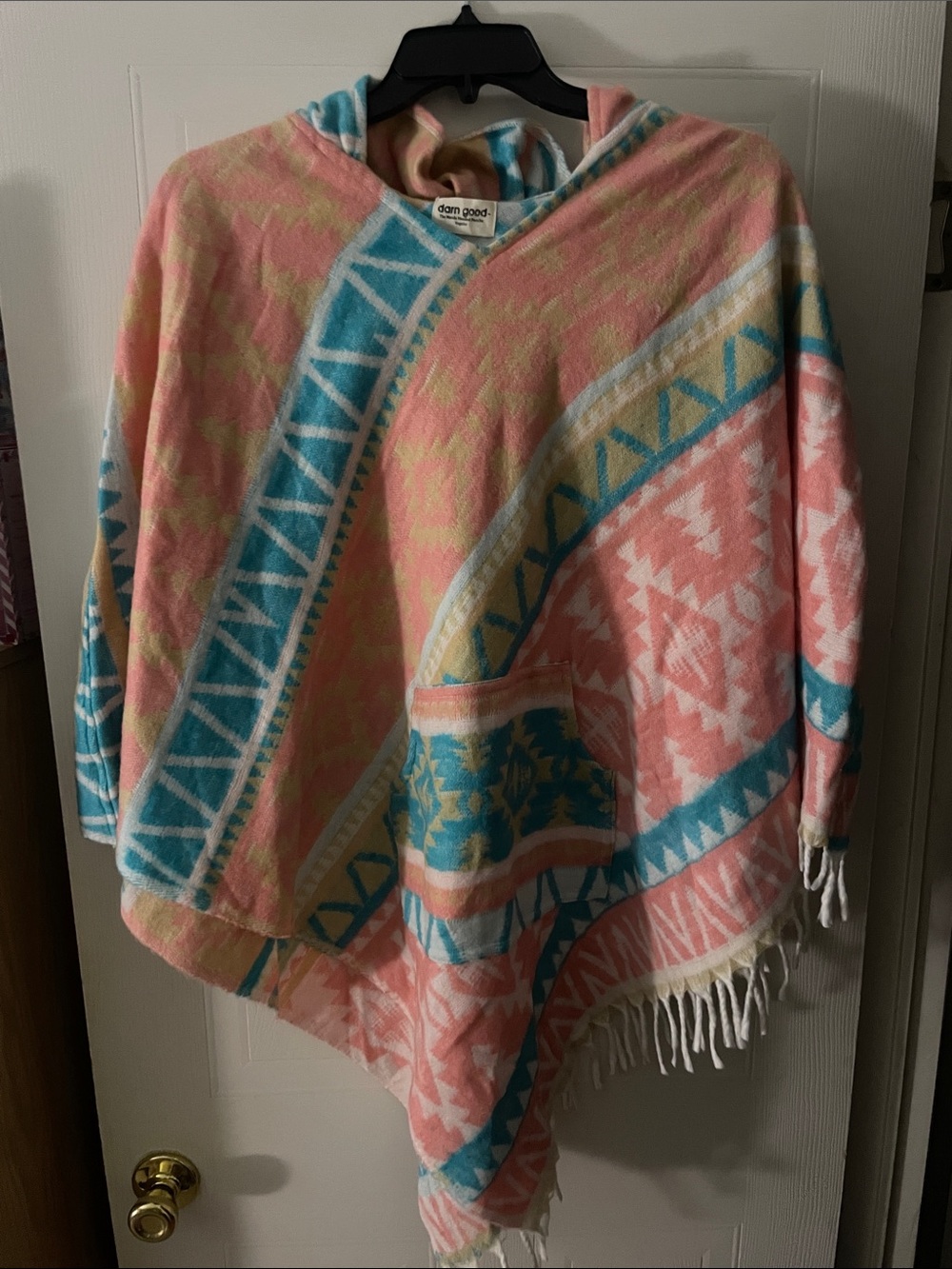 Pink & Teal Hooded Patterned Poncho Sweater